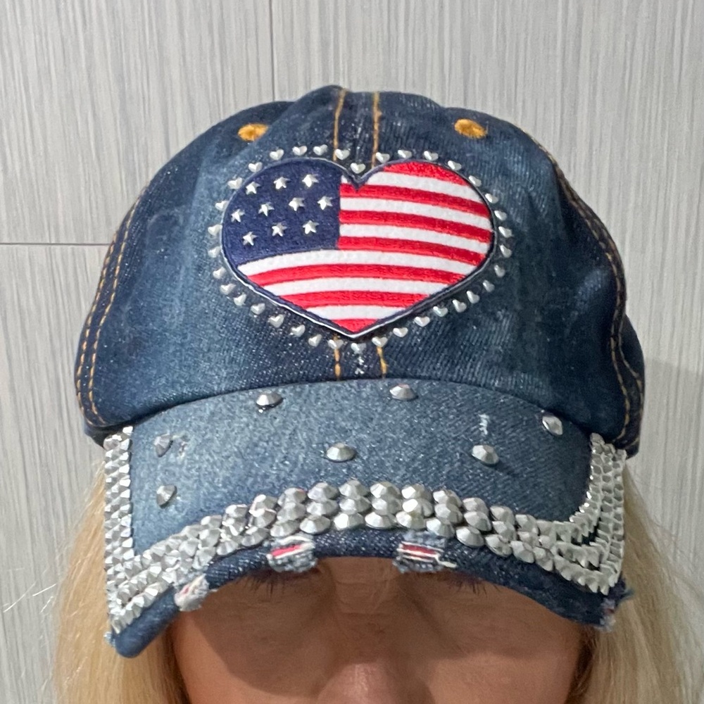 Denim Baseball Cap with American Flag Heart Patch and Rhinestones